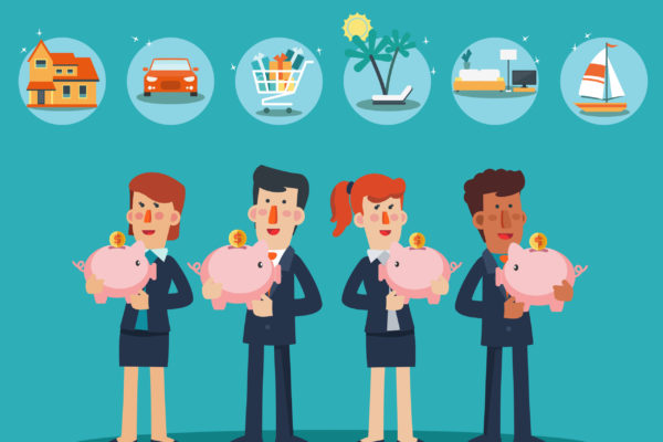 Successful smiling business men and business women with a piggy bank. Saving and investing money concept