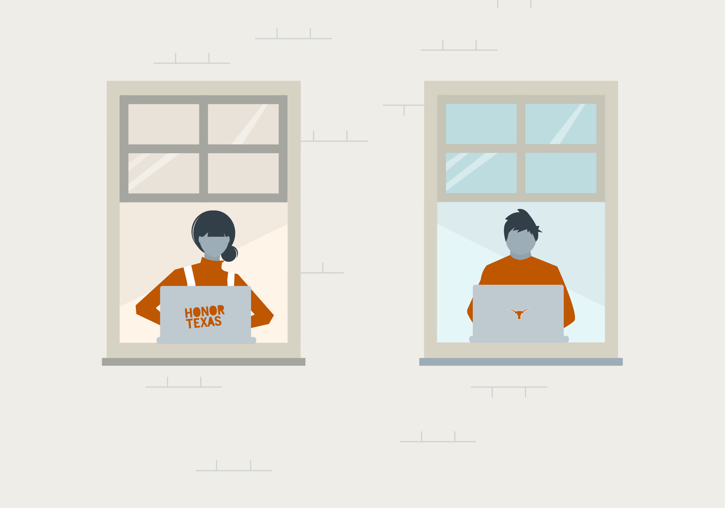Two sudents on laptops in different windows