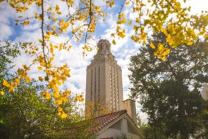 tower, fall, trees, campus, yellow leaves