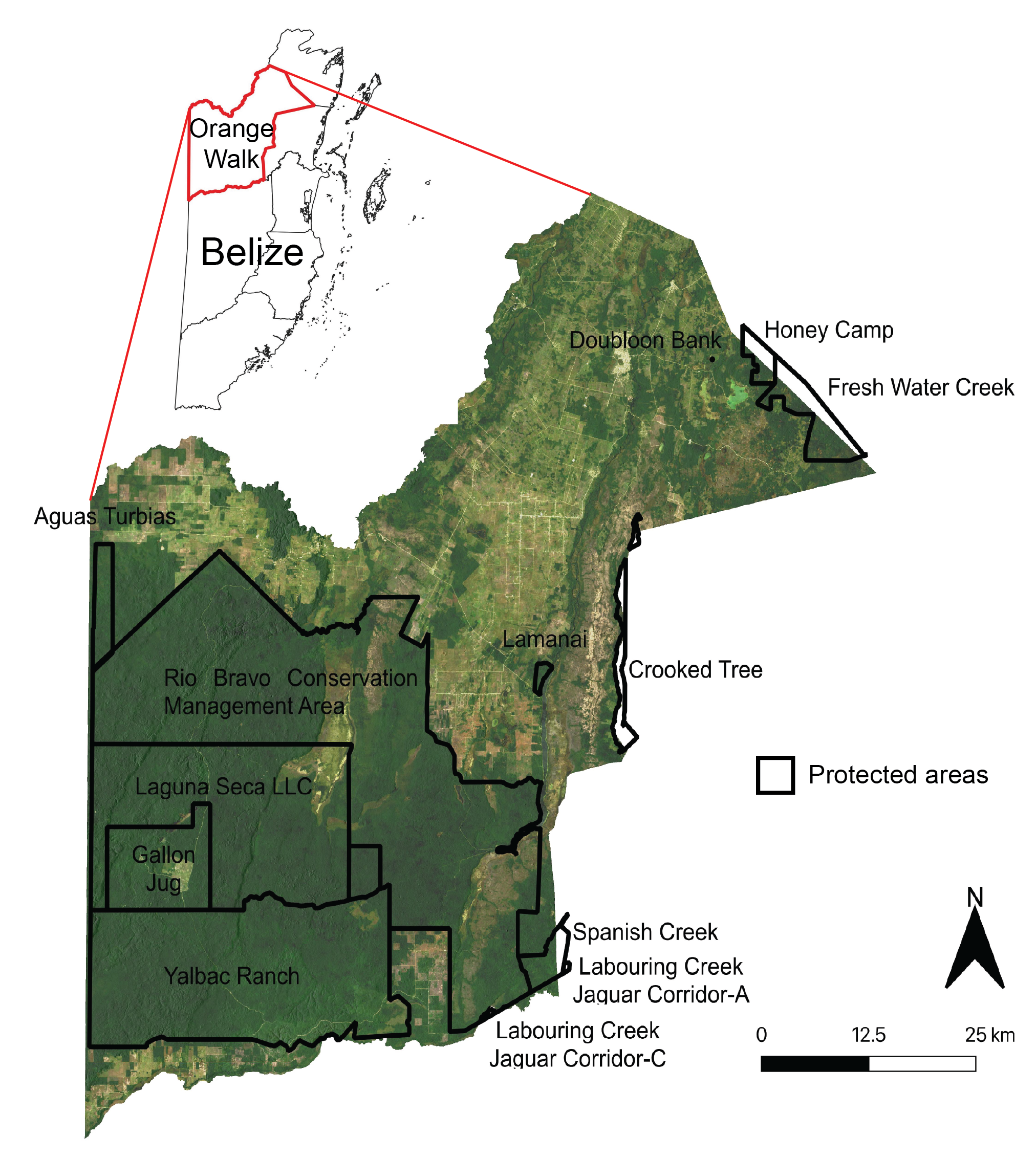 Map of Belize's Orange Walk District and protected lands.