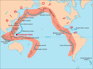 Map of the Pacific Ring of Fire surrounding the Pacific Ocean basin.