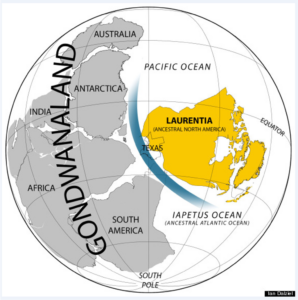 A globe map showing the supercontinent Gondwanaland filling the western hemisphere with the smaller supercontinent Laurentia filling about a third of the western hemisphere. A blue line indicating a sea channel separates them.