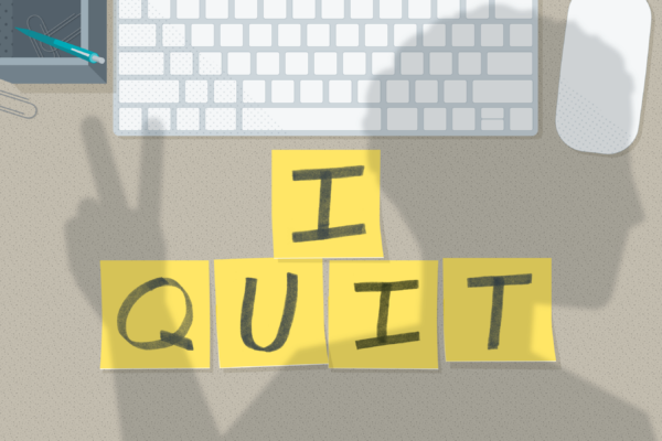'I Quit' spelled out in sticky notes, with a shadow of someone walking away giving peace hand sign