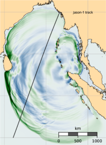 North Indian ocean map with colored bands showing the simulated quake