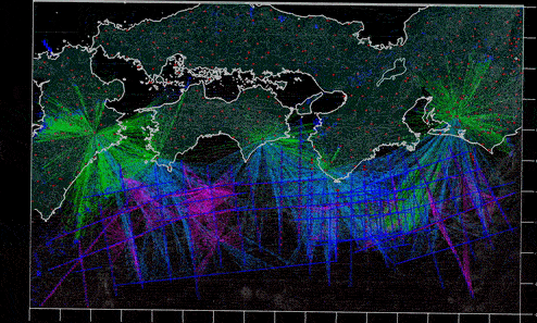 A wire map of southern Japan showing masses of colored lines connecting seismic events scattered across the map with a handful of sensors.