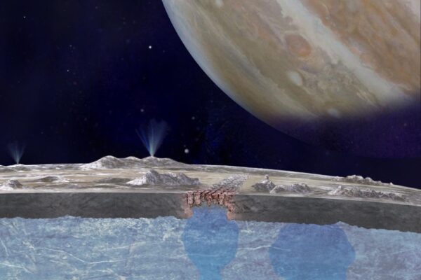 The illustration shows rocky chaos terrains with liquid water beneath them connected to the ocean under the Europa's surface