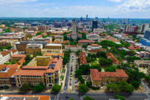 UT Tower Aerial over Campus University of Texas Austin