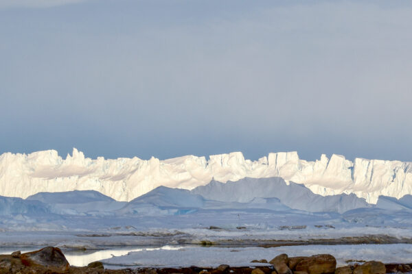 A wall of ice towers over coastal water in the foreground