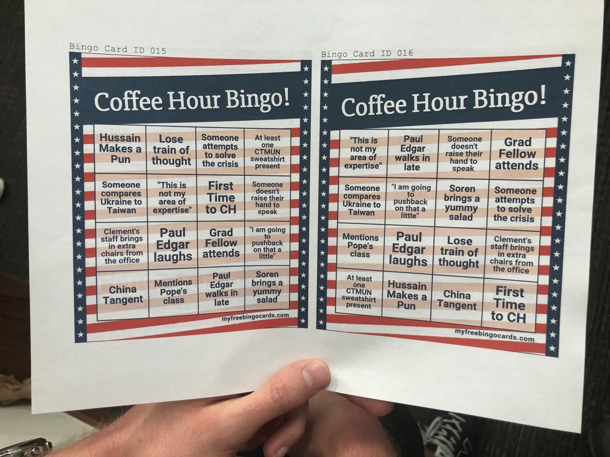 Close up of bingo card