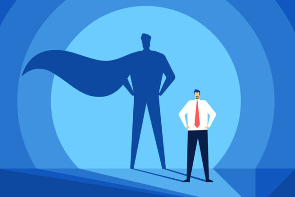 Businessman with superhero shadow. Successful and strong leader. Business success, confident leadership, ambition or power vector concept