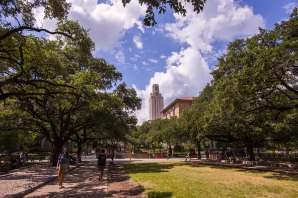 UT Austin Tower and East Mall with clouds 2016