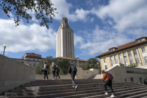 Tower from the east with students walking up the East Mall steps Nov. 4, 2021