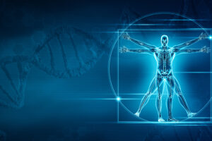 A blue background with an x-ray image of a human skeleton with DNA double helix in the backround.