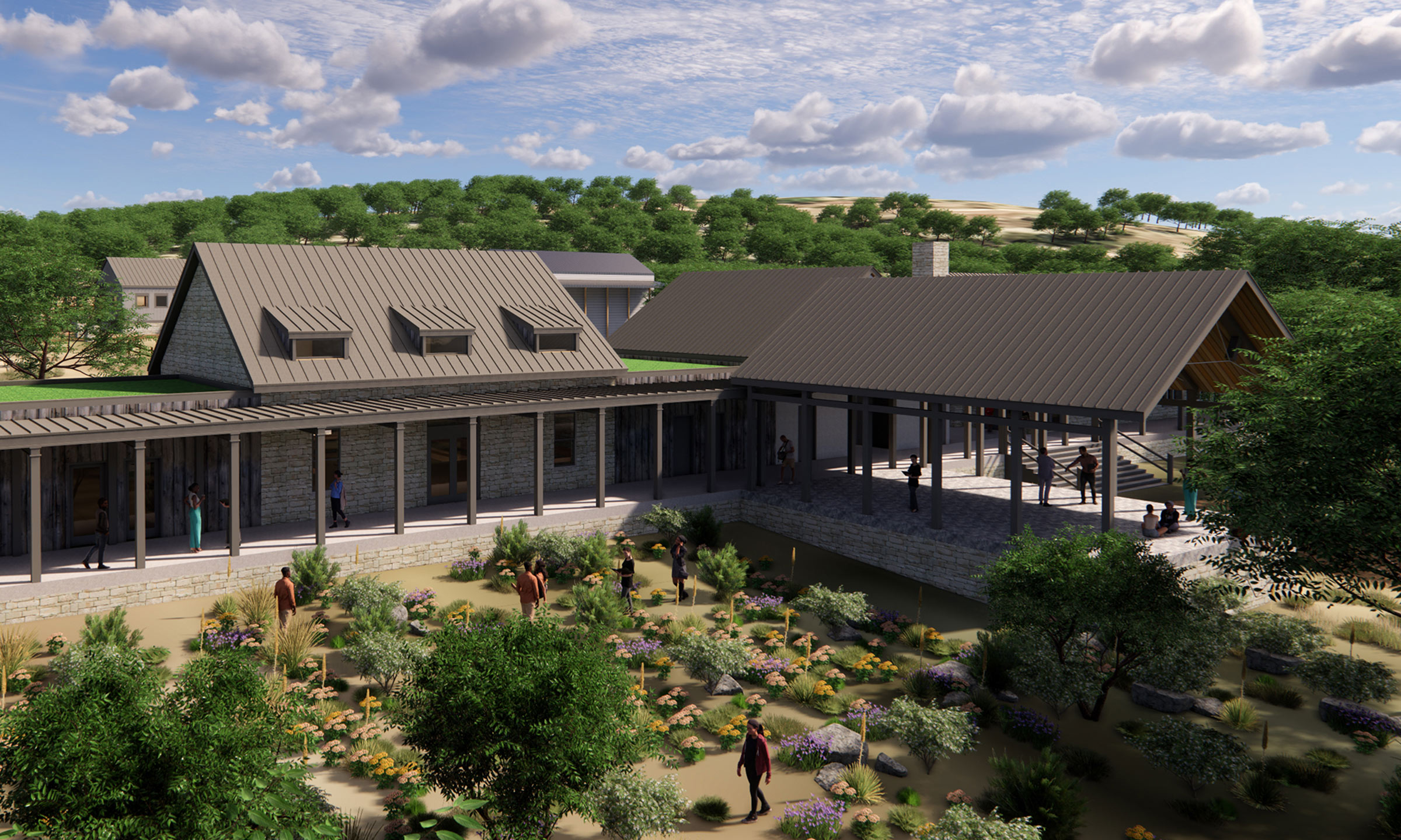 An artist's rendering of a building in the Texas hill Country wiht open air areas and a pollinator garden where people mill about
