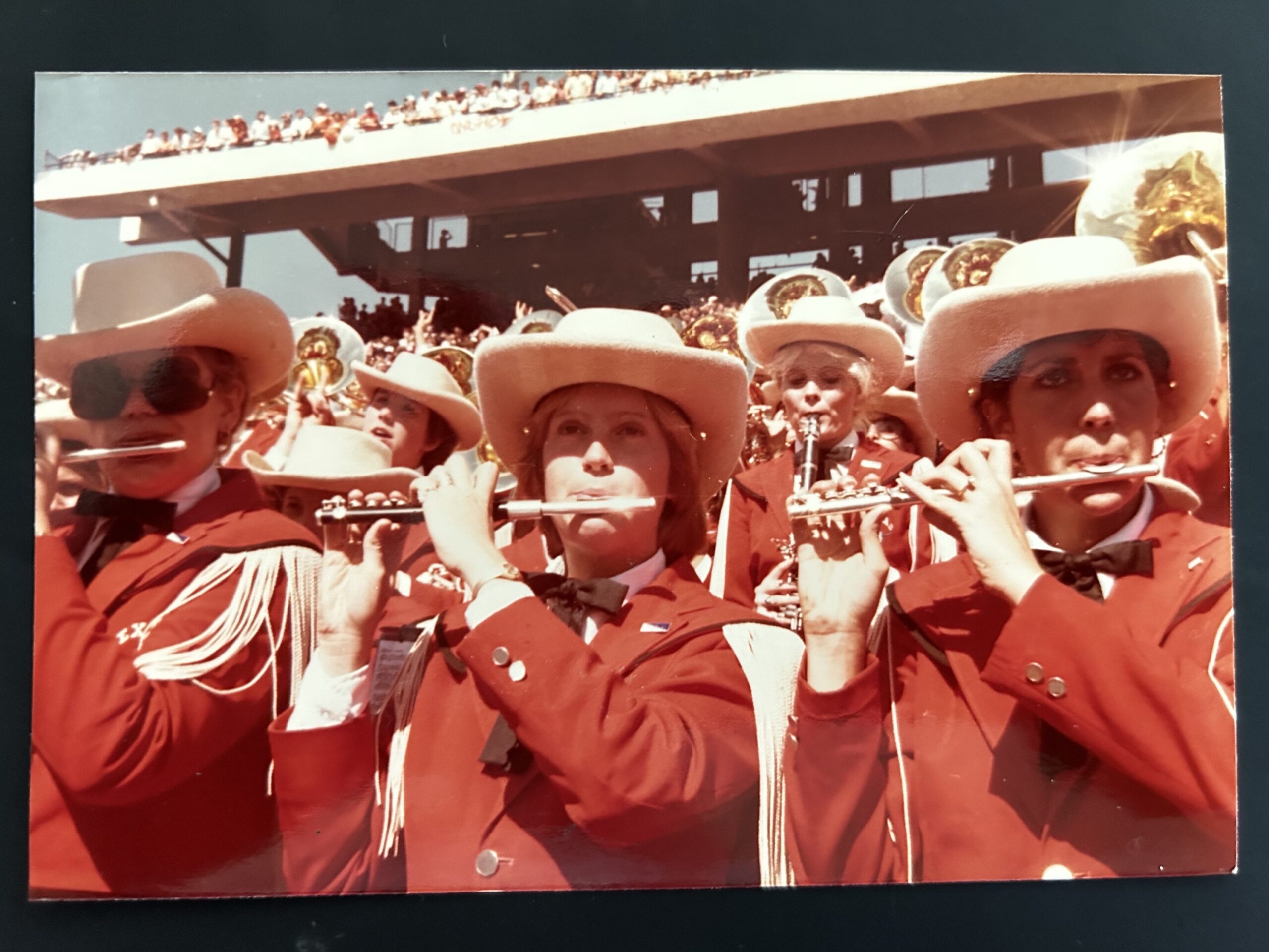 The Longhorn Band of the 1980s playing stand tunes. Photo courtesy Cathy Sorsby, center.