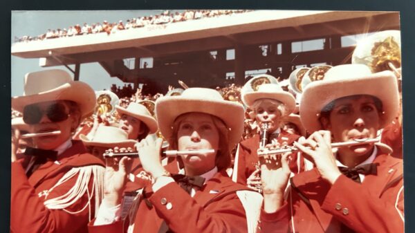 The Longhorn Band of the 1980s playing stand tunes. Photo courtesy Cathy Sorsby, center.