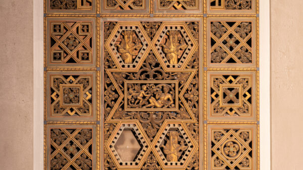 A section of the intricate plaster lattice that frames the stage and the balcony