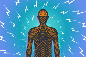 Black human shape with images of brain and nervous system overlaid in orange. Blue background with white lightning bolts.