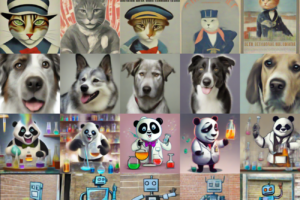 Four rows of similarly themed illustrations—about sailor cats, earnest dogs, scientist pandas and robot graffiti—differ in each of five iterations per row.