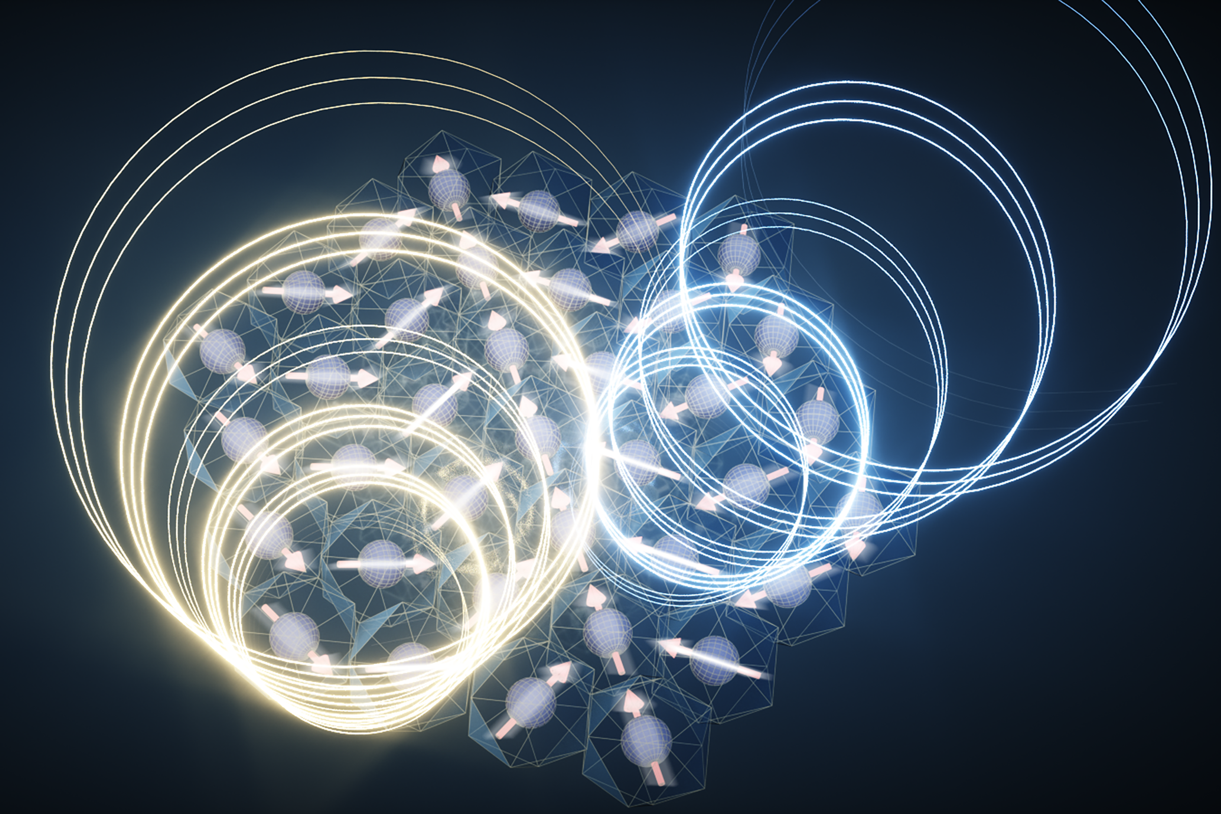 Illustration showing two corkscrew-shaped lines twisting in opposite directions, rising up out of a layer of small spheres that represent atoms, each with an arrow pointing in the direction of a feature called its magnetic moment