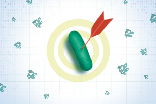 An illustration with a green bacterium in a target in the center with a red arrow through it