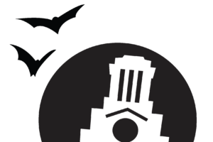 A pumpkin carving stencil shows an illustration of the U.T. Tower and two bats flying above it.