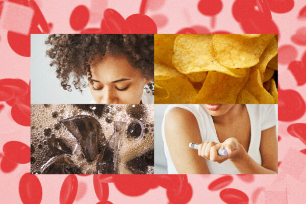 Four images overlaid on a background of red blood cells, from top left: a woman's face, potato chips, cola with ice and a woman injecting her bicep with a diabetes medication.