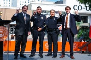 From left to right: UT Austin President Jim Davis, UTPD Chief Shane Streepy, APD Chief Lisa Davis, UT Austin Student Body President Hudson Thomas