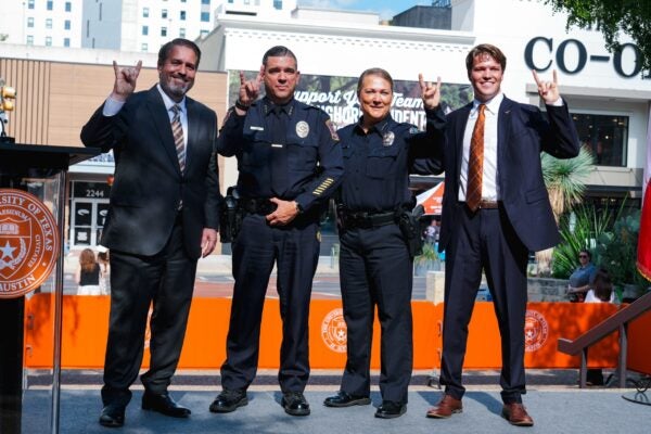 From left to right: UT Austin President Jim Davis, UTPD Chief Shane Streepy, APD Chief Lisa Davis, UT Austin Student Body President Hudson Thomas