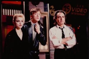 From left to right: Madonna, Anthony Michael Hall, and Lorne Michaels in Studio 8H, 1985. Photographer: Isaiah Wyner. Lorne Michaels Collection, Harry Ransom Center.