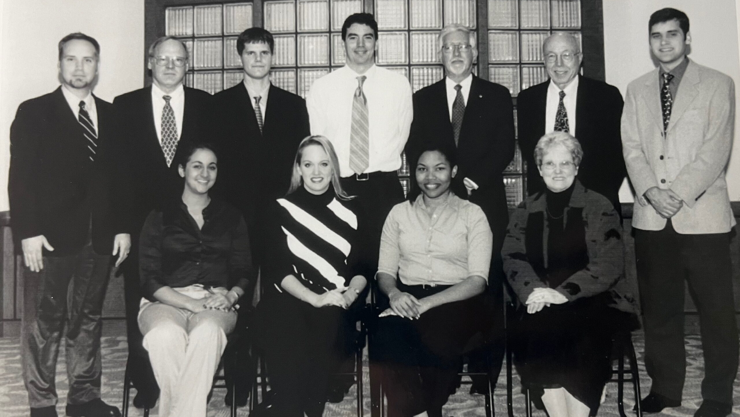 Black and white photo of board members