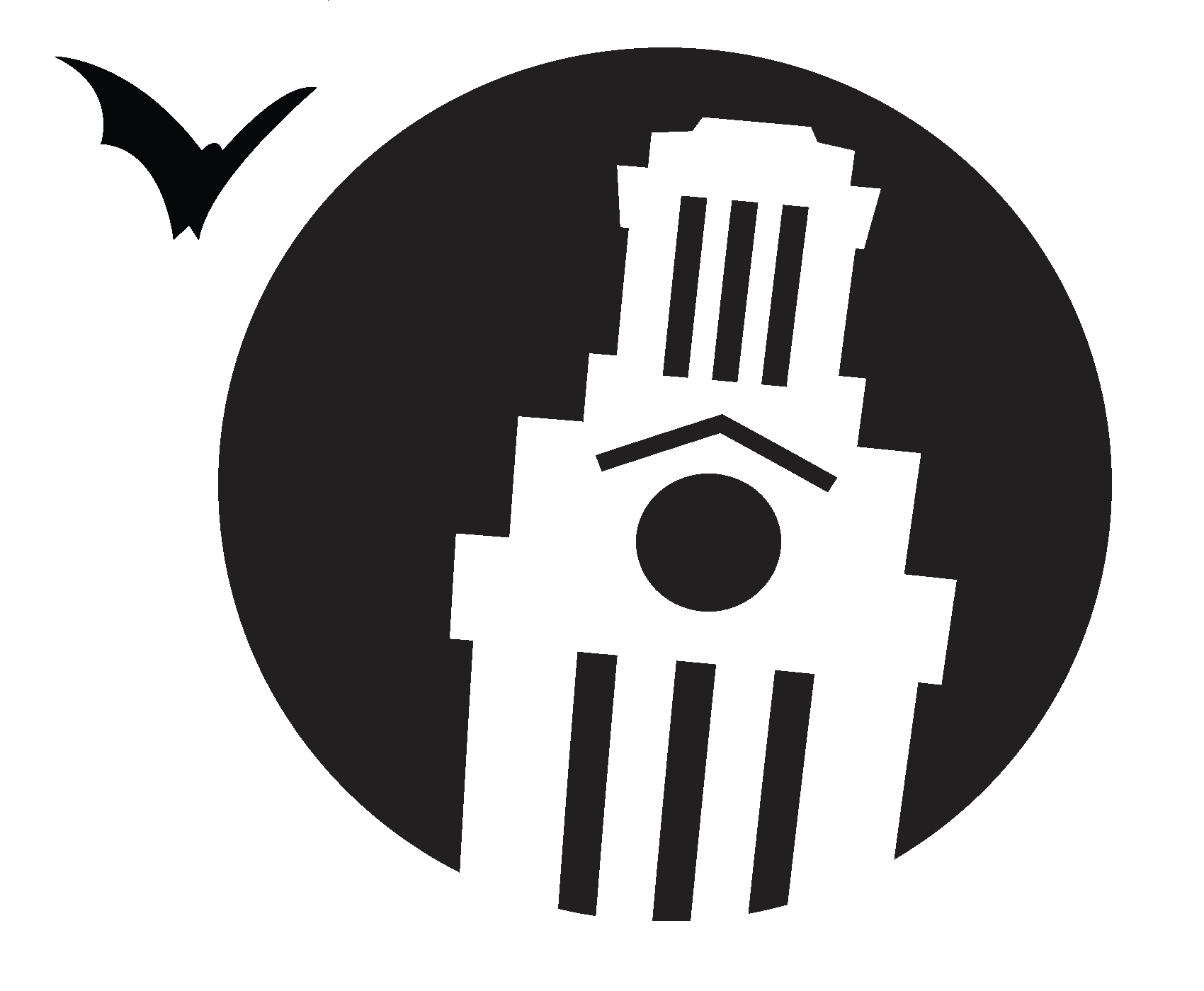 A pumpkin carving stencil shows an illustration of the U.T. Tower and two bats flying above it.