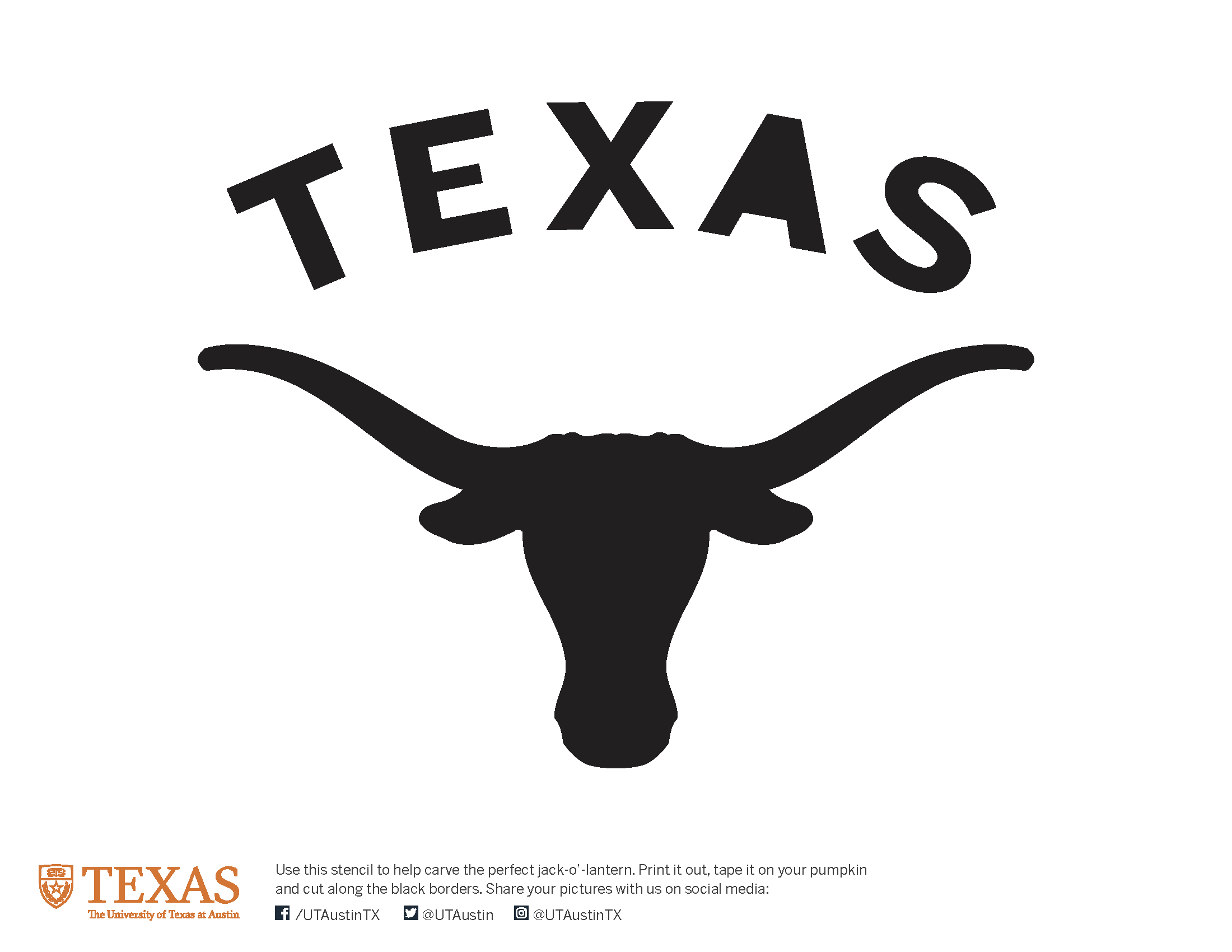 A pumpkin carving stencil shows the Longhorn silhouette logo and the word “Texas.”
