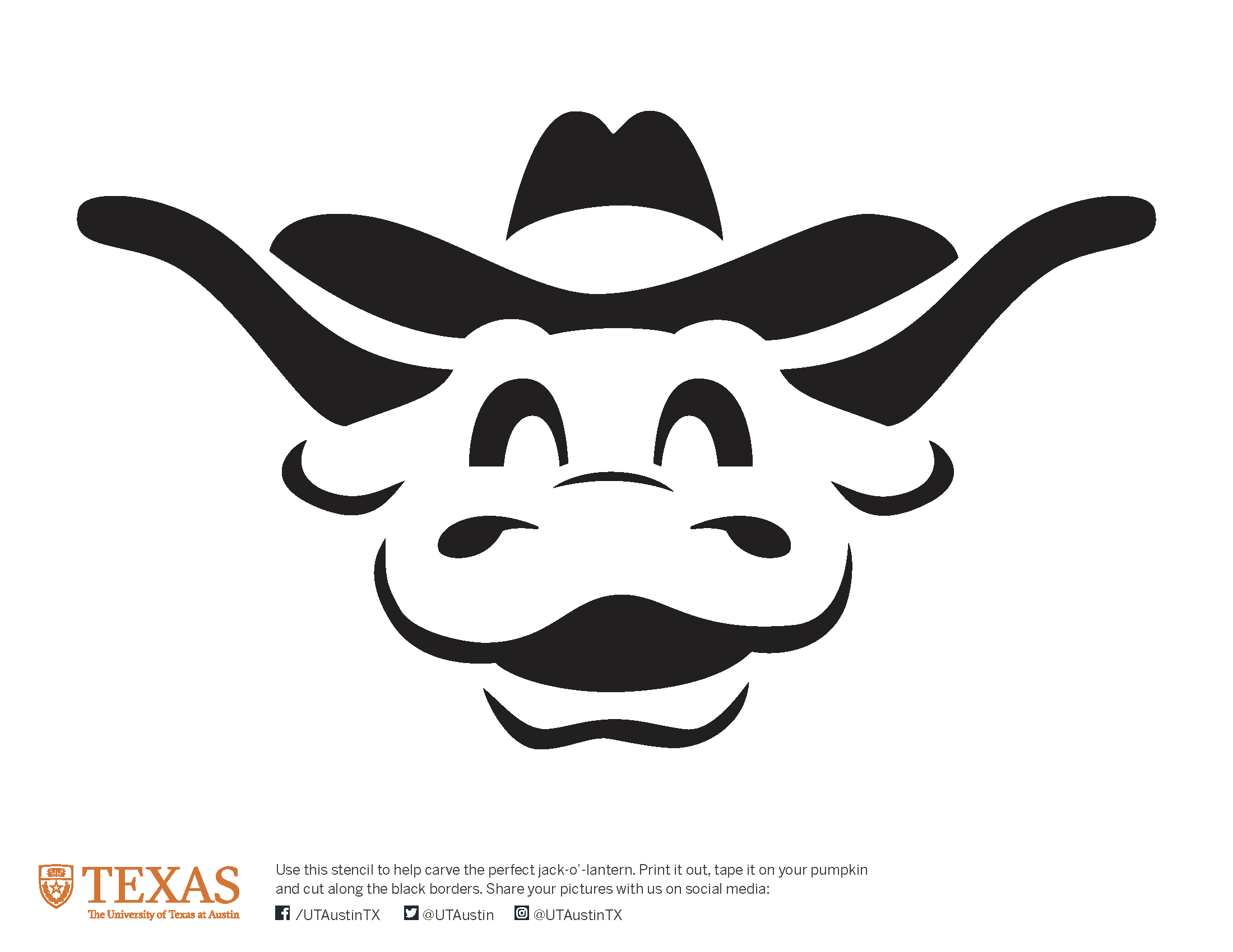 A pumpkin carving stencil shows the costumed mascot Hook ’Em.