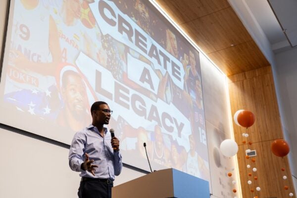 Chris Bosh speaking at an event.
