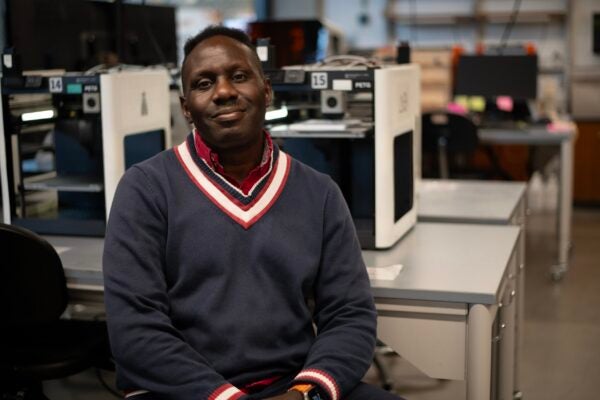 Lead researcher Deji Akinwande sits at a workstation in a biomedical engineering lab at the University of Texas at Austin.