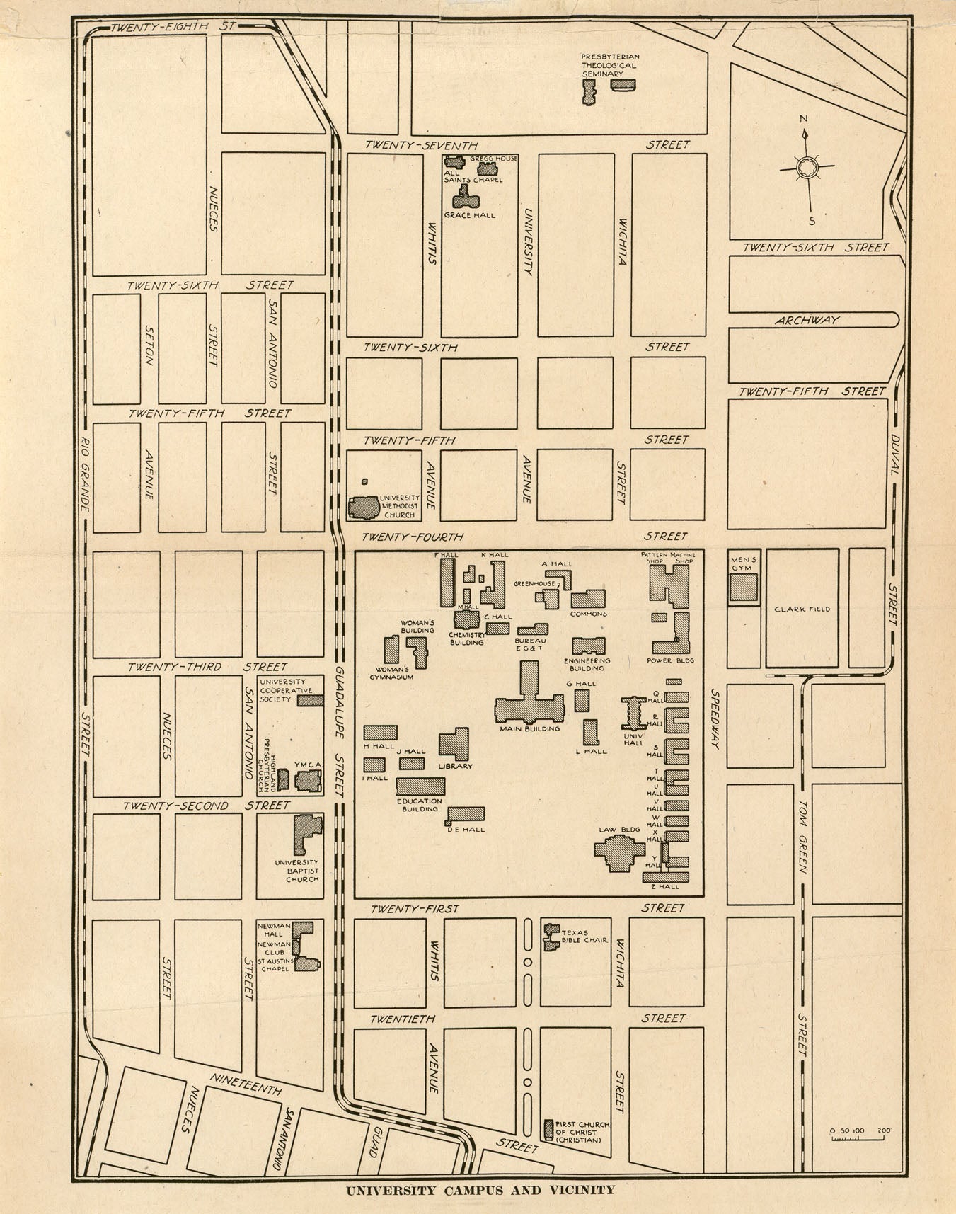 yellowed map of the University and surrounding area showing only a few buildings