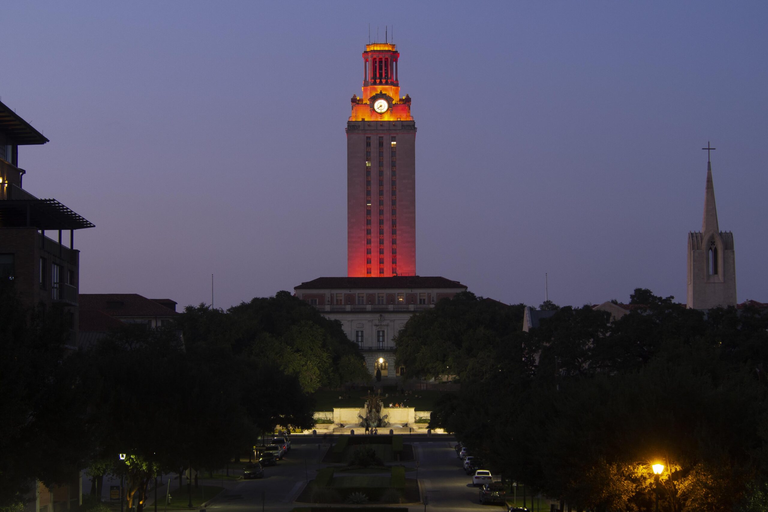 Image of the Tower lit up entirely in orange