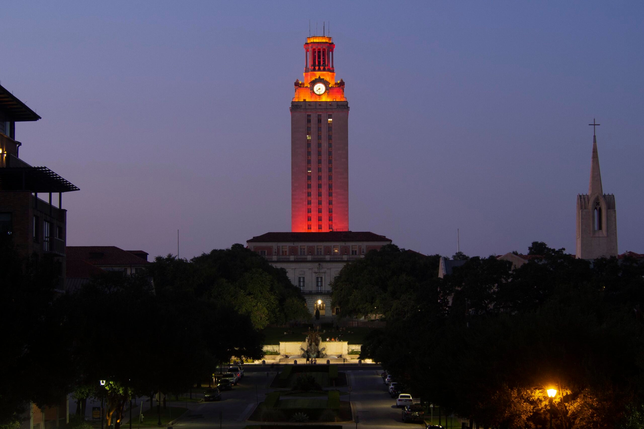 Image of the Tower lit up entirely in orange