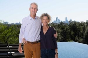 Tench and Simone Cox in front of Austin skyline