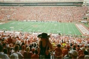 color image of the crowd at a UT football game with the field in view