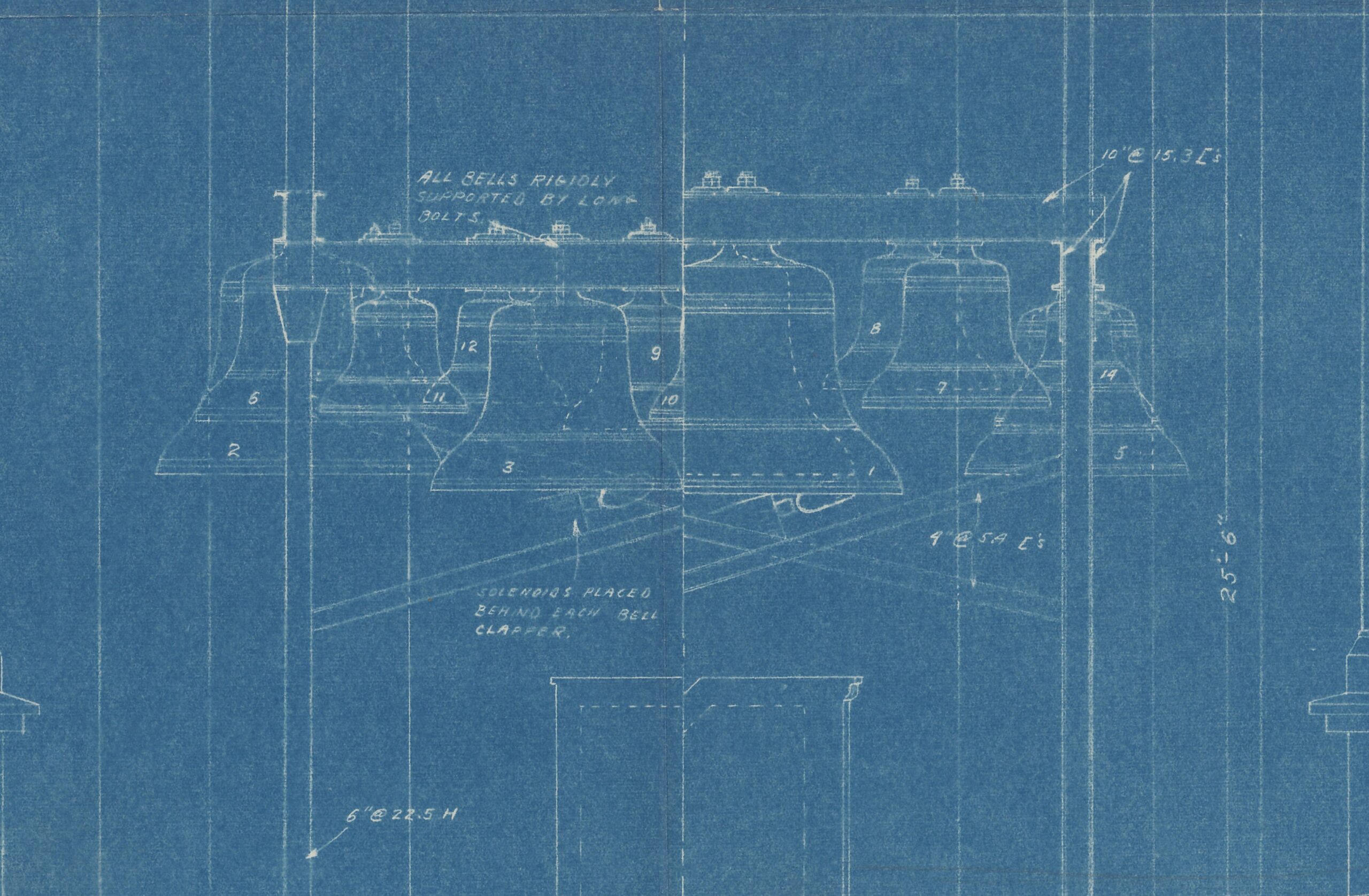 Detail of 1935 blueprint showing carillon bells in the Tower belfry, Alexander Architecture Library Archives