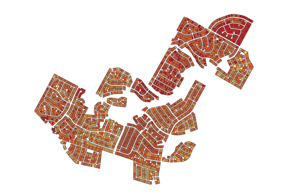 The average daily heat risk during an extreme event in a suburban Austin neighborhood, with dark red signifying higher risk and yellow signifying lower risk. Credit: Calvin Lin