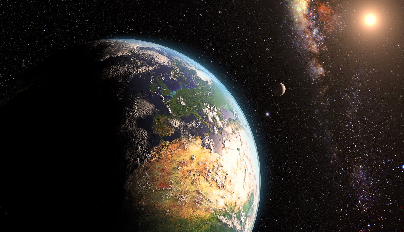 orange Sunrise over earth as seen from space. With moon and stars background.