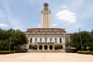 Image of the Tower from the Main Mall plaza in sunlight