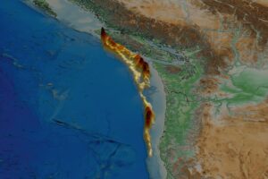 Topographical map shows blue, green and brown