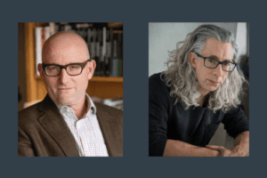 headshot of two professors on a gray background