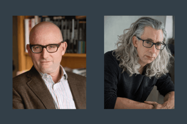 headshot of two professors on a gray background
