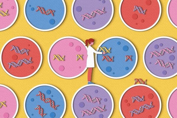 illustration of scientist with circles of DNA