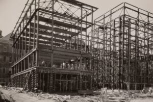 North side of new Main Building is framed out in steel
